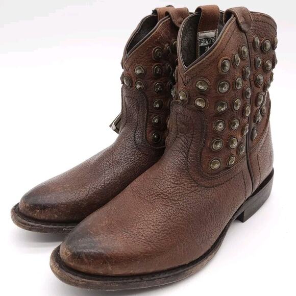Frye Wyatt Disc (Womens 5.5 B) Cognac Brown Studded Ankle Bootie Pull On Leather - Picture 1 of 8